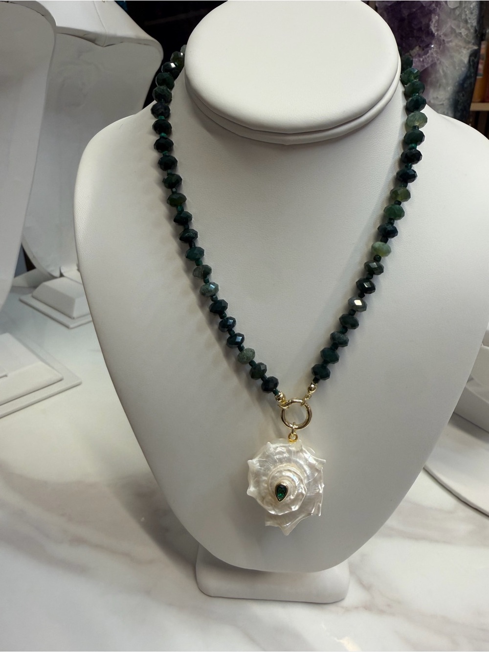 Handmade Dark Green Beaded Necklace with Pearl Flower Pendant